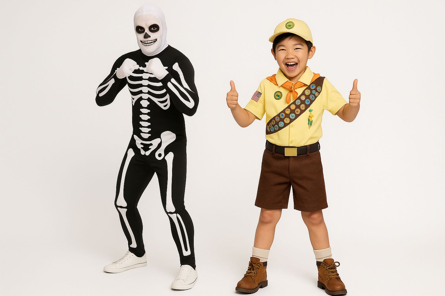 Drei lachende Kinder in filmisch inspirierten Outfits, die Charaktere nachahmen