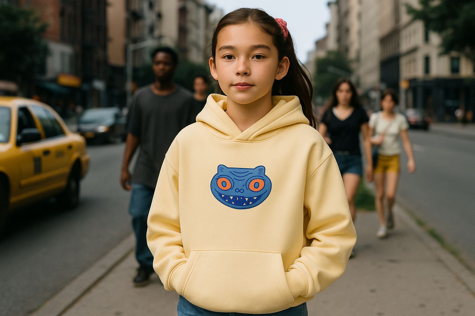 Ein lachendes Kind in stilvoller Freizeitkleidung mit einer roten Mütze und gestreiftem Oberteil.